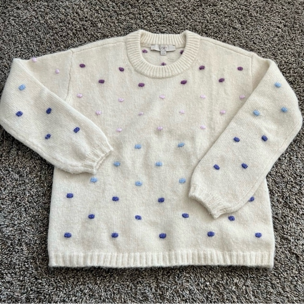 LOFT Cream Sweater with Blue and Purple Dots